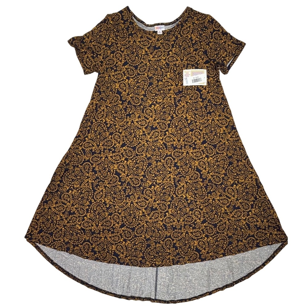 LuLaRoe Womens Dress Carly Medium Navy Blue Gold Paisley Floral Rayon Hi-Low NWT